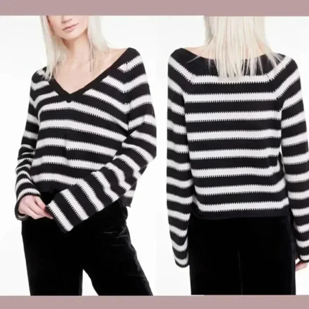 Wildfox Distressed Striped Vneck Sweater Black White